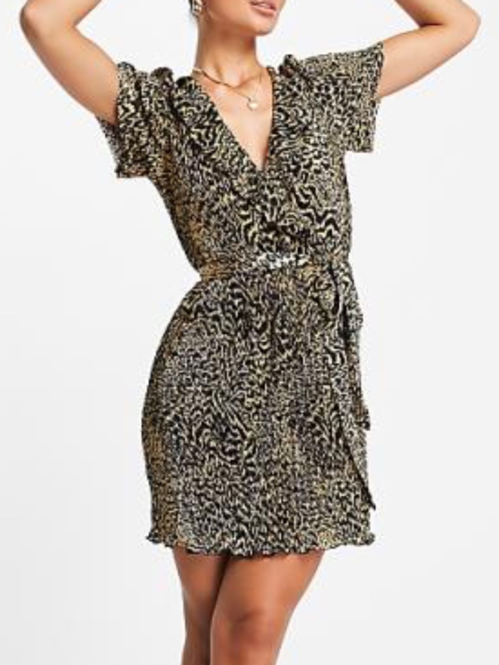 ASOS leopard plissé faux wrap surplice dress with lettuce hem - Size 14